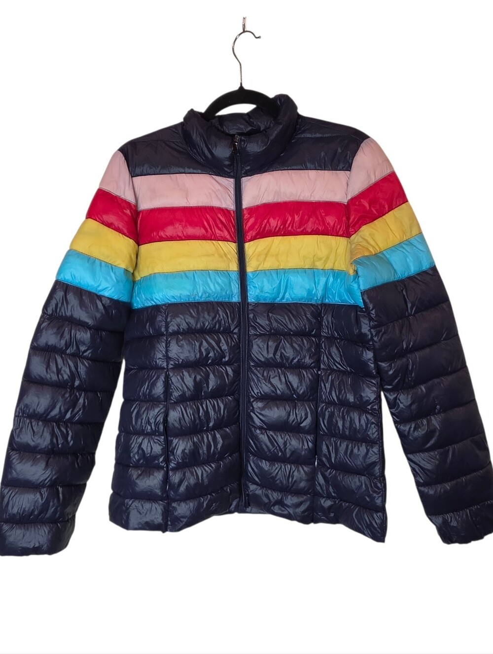 Aqua Navy Puffer Jacket Women's Size M Rainbow Stripes Retro Apres-Ski Gorpcore